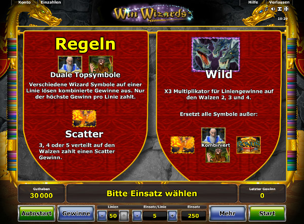 Wizards Slot - Gewinntabelle